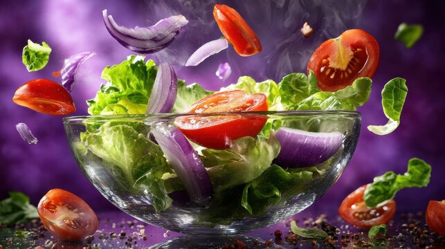 Tomato slices, lettuce leaves, and onion rings falling gracefully into glass bowl