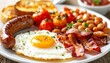 © digitalbysher - Close-up of a traditional English big breakfast served on a white ceramic plate, featuring eggs, sausages, baked beans, grilled tomato, hash browns, mushrooms, and toast, studio lighting, overhead ang