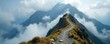 © Sourithideth - A challenging mountain pass shrouded in mist, with a rocky, winding trail leading to a distant peak The rugged terrain and dramatic clouds create a sense of adventure and awe , wilderness, outdoors