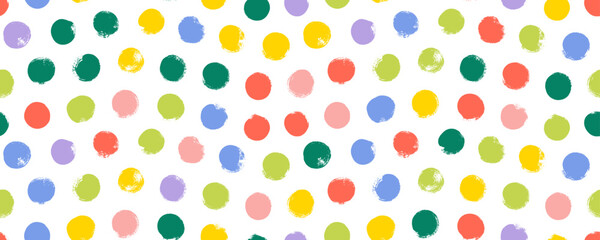 Aufkleber - Colorful seamless polka dot pattern. Brush drawn rough multi colored circles. Funky abstract simple background with dots. Hand drawn y2k naive confetti wrapping paper. Kids irregular polka dot pattern