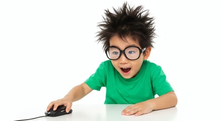 Excited asian boy with glasses using computer mouse on desk isolated on white background for technology concept