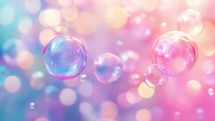 Poster - colorful soap bubbles floating in the air with soft blurred background of pastel hues and bright bok
