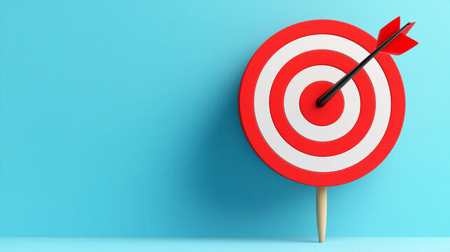 Bullseye Red Target with Arrow Hitting the Center on a Light Blue Background