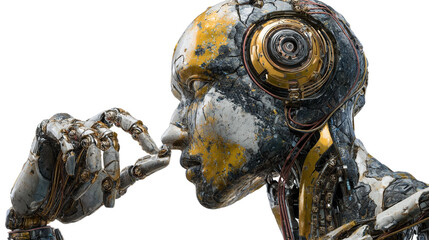 Poster - Detailed robot cyborg head close up with metallic hand and wires futuristic ai concept art design on transparent background
