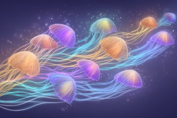 Poster - Glowing Jellyfish Abstract Underwater Scene Colorful Trails and Dark Blue Background
