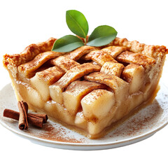Aufkleber - Slice of apple pie with golden crust and cinnamon is plated, topped with fresh green leaves for garnish. pie features lattice design and is sprinkled with cinnamon, evoking warm, inviting aroma