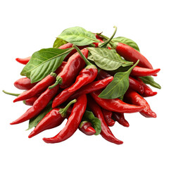 Poster - Vibrant bundle of red chili peppers with green leaves, isolated on transparency background, showcasing their fresh and spicy appeal