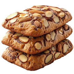 Poster - Stacked almond biscotti with visible almond pieces, presented in rustic style, showcasing crunchy texture and inviting appearance. Perfect for cozy snack or gift