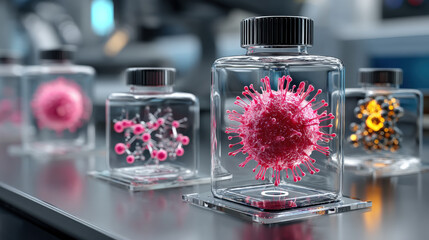Leinwandbilder - Synthetic biology concept with vibrant virus models in glass containers on lab table, showcasing advanced biotech research