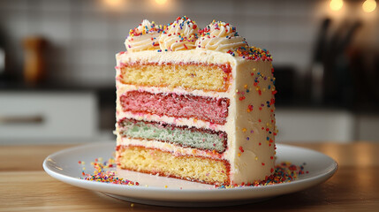 Aufkleber - Slice of colorful layered cake with vibrant pink, green, and yellow layers is topped with creamy frosting and colorful sprinkles, creating festive and cheerful appearance