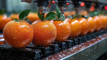 Poster - Closeup of fruit labeling machine applying labels to fresh oranges with water droplets, showcasing precision and technology in modern factory setting