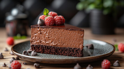 Poster - Slice of rich chocolate mousse cake topped with fresh raspberries and chocolate chips sits on ceramic plate, creating tempting dessert scene
