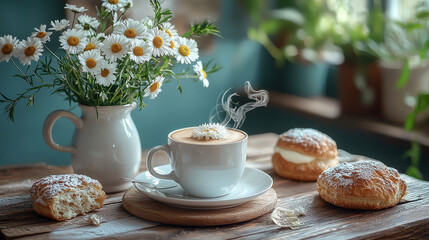Poster - Cozy breakfast table with small vase of daisies, steaming cup of coffee, and pastries creates warm and inviting atmosphere. sunlight enhances peaceful morning setting