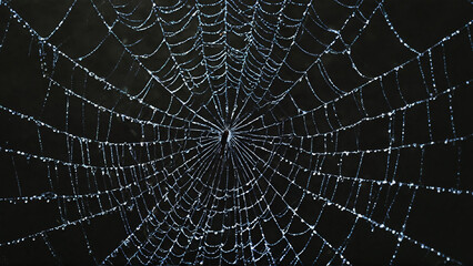 Wet spider web with glistening dew drops on a dark background, a macro nature pattern of an insect's intricate trap
