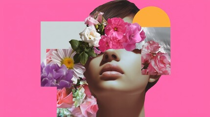 Poster - Floral art collage featuring a serene face surrounded by vibrant colors and flowers in a creative display