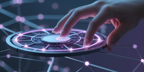 Poster - Futuristic hand interacting with a holographic control panel amidst glowing connections and network lines