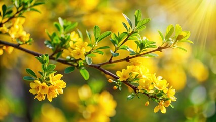 Wall Mural - Spring branch with yellow flowers and green leaves, nature, plant details,  nature, plant details