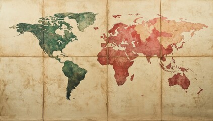  Antique world map, watercolor painted, showing continents in green and red hues on aged paper
