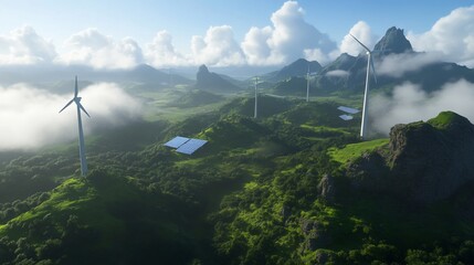 Green hills with wind turbines and solar panels, generating clean energy