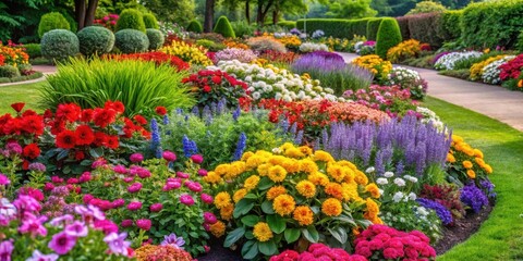 Wall Mural - Vibrant colorful blooms surround lush greenery in a beautifully designed flower bed , garden design, colorful flowers