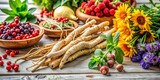 A vibrant display of fresh adaptogenic herbs like ginseng and licorice root on a light-colored wooden table, with colorful flowers and fruits in the background , Colorful Fruits, Wooden Table