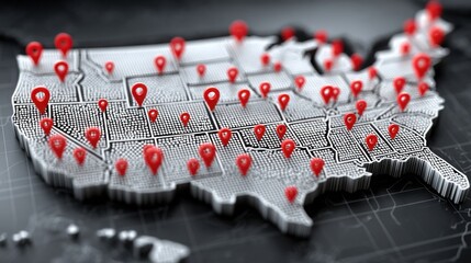 Poster - Detailed map of the united states with colorful pins indicating various locations for urban economic activity tracking