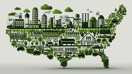 Poster - The united states map featuring green icons representing smart agricultural outputs in a comprehensive dashboard concept