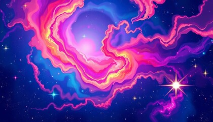 Wall Mural - vibrant cartoon nebula, swirling cosmic dust and bright stars, glitter, majestic