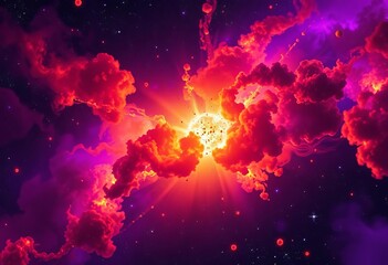 Wall Mural - Vibrant anime-style space explosion; fiery orange and purple nebula, swirling dust, bright starburst, swirl, dust