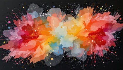 Wall Mural - Vibrant Abstract Watercolor Artwork with Splashes of Color and Dynamic Patterns on Black Background