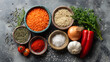 © Sajib - Ingredients for lentil soup recipe red lentils green lentils spices fresh vegetables healthy food concept