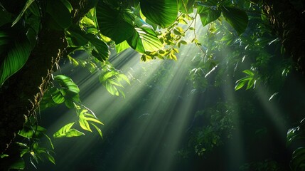 Poster - Dense jungle with thick vines and bright green leaves, rays of sunlight breaking through the canopy, mysterious tropical forest mood