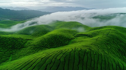 Poster - Rolling fields of green tea plantations under a misty early morning sky, neat rows creating natural patterns and calm atmosphere