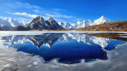 Poster - Snow-capped mountains reflected in a frozen alpine lake under clear blue skies, cold and peaceful winter scene