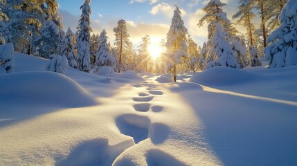 Poster - Snow-covered pine forest with soft golden sunlight filtering through, winter wonderland scene with fresh untouched snow, crisp cold morning