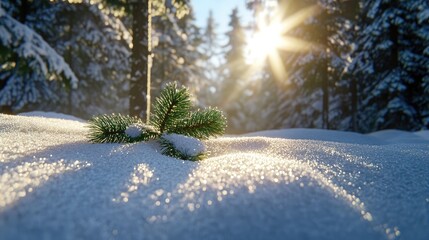 Poster - Snow-covered pine forest with soft golden sunlight filtering through, winter wonderland scene with fresh untouched snow, crisp cold morning