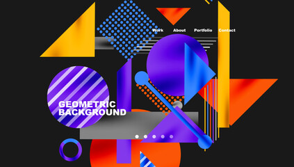 Aufkleber - Abstract geometric design. Vibrant colors, shapes overlap creating modern visual experience. Text elements present, dark background dominates.