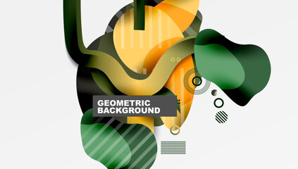 Leinwandbilder - Abstract geometric composition. Overlapping shapes, orange, green, black hues create dynamic visual effect. Modern design element.
