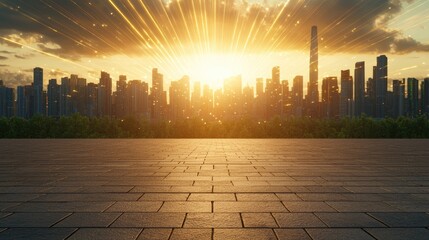 Poster - sleek, minimalist design with vivid emerald accents and shimmering rays, set in a contemporary urban landscape.