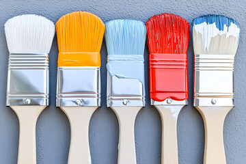 Poster - Colorful paint brushes arranged horizontally displaying various vibrant hues ready for creative painting projects and artistic expression