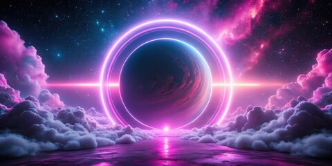 Wall Mural - A futuristic pink neon portal pierces through the dark atmosphere of a distant planet, surrounded by swirling clouds of iridescent gases , futuristic pink neon portal, technology