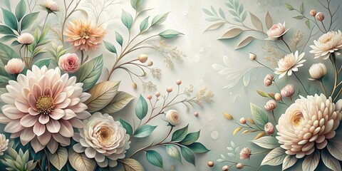Wall Mural - Elegant floral design with intricate petals and stems in a soothing color palette, texture