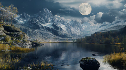 Wall Mural - Moonlit Mountain Lake: Majestic mountains reflect in a serene lake beneath a full moon, the night sky adding a magical atmosphere. Evoking peace and wonder.