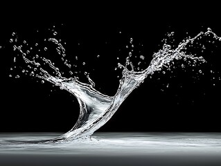 Poster - Stunning Water Splash in Dark Background Capturing the Dynamic Motion of Fluid with Droplets and Reflections for Creative Use