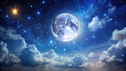 Wall Mural - A majestic full moon illuminates a dark starry sky with twinkling stars and a few wispy clouds , astronomy, night sky