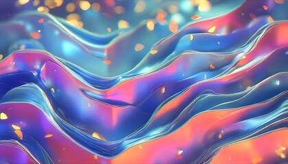 Poster - Vibrant Abstract Waves with Floating Golden Particles in Soft Colorful Flowing Motion