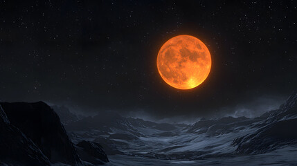 Wall Mural - Mystic Moonrise: An awe-inspiring spectacle unfolds as a colossal, fiery moon ascends, casting an ethereal glow over a stark landscape, symbolizing mystery.