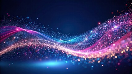 Wall Mural - Glitter wave flowing across a dark blue background with abstract shapes and vibrant pink hues