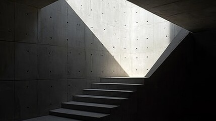 Poster - Concrete interior with a stairway lit by angled sunlight from an opening above. Shadows create patterns