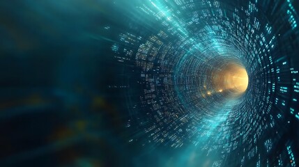 Poster - Abstract futuristic tunnel view with glowing lights and digital patterns representing technology and innovation in a surreal environment